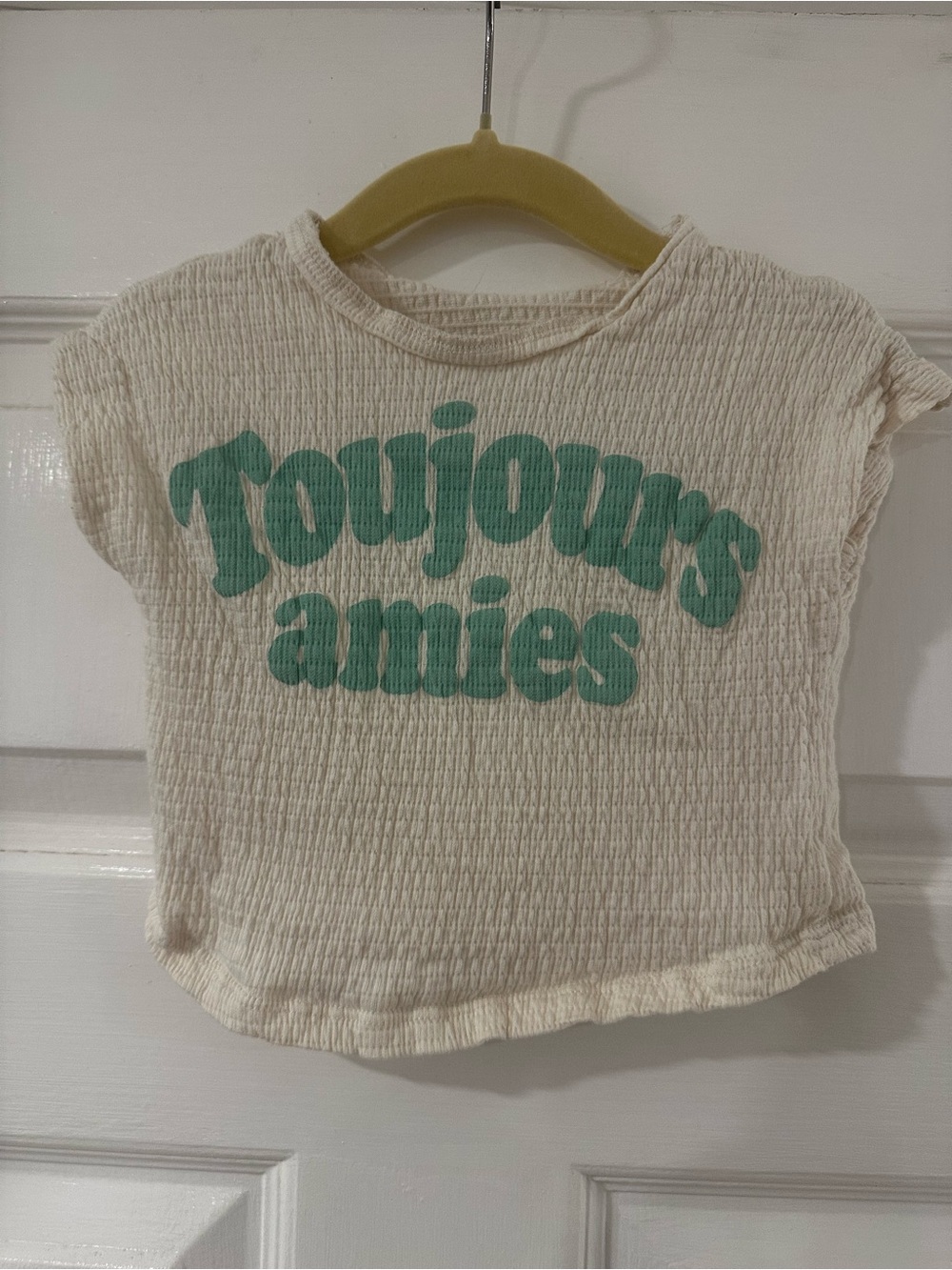 Zara Cream Short Sleeve Tee with Mint Green 'Toujours Amies' Graphic